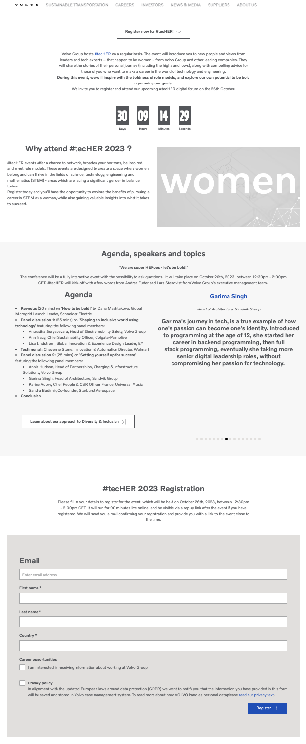 Screenshot from a webinar registration page for Volvo