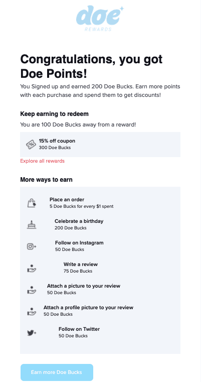 Screenshot of the email Doe Lashes sends about joining their loyalty program